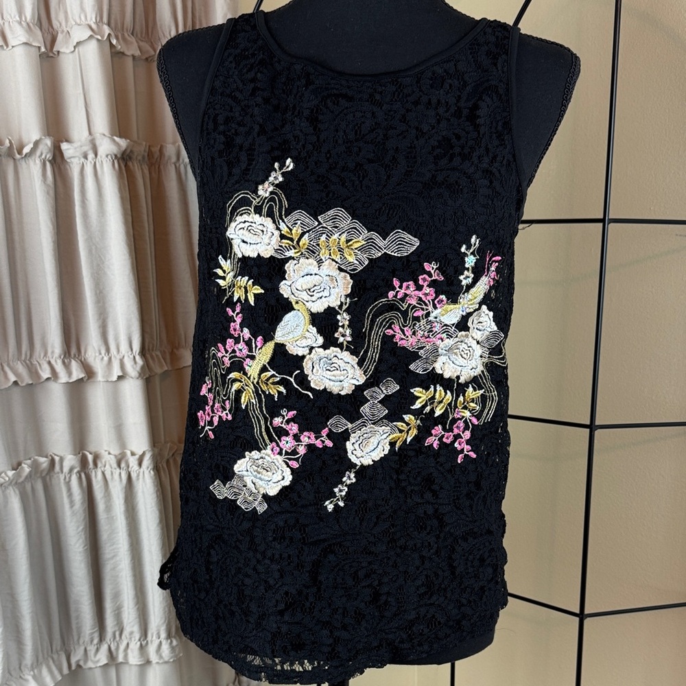 Jennifer Lopez Black Lace Blouse with Floral Design Size XS